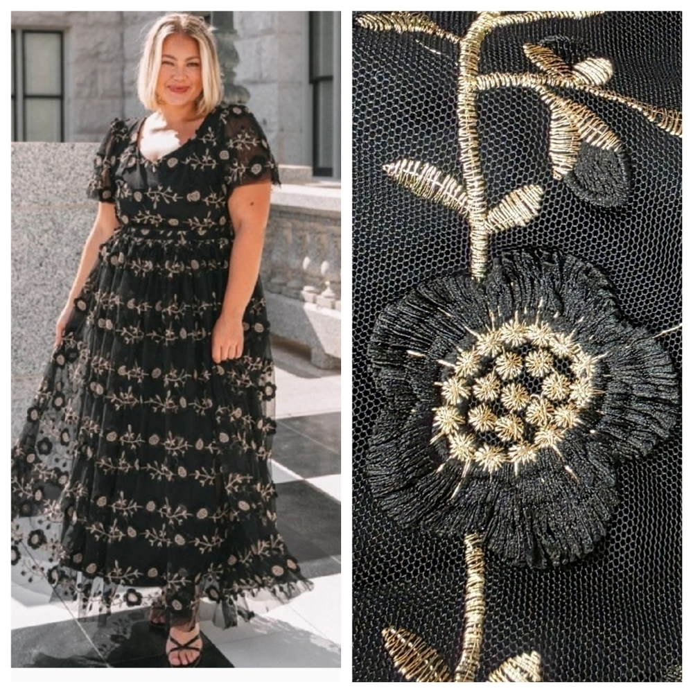 Ivy City Co Athena Floral Embroidered Applique Mesh Tulle Modest Dress